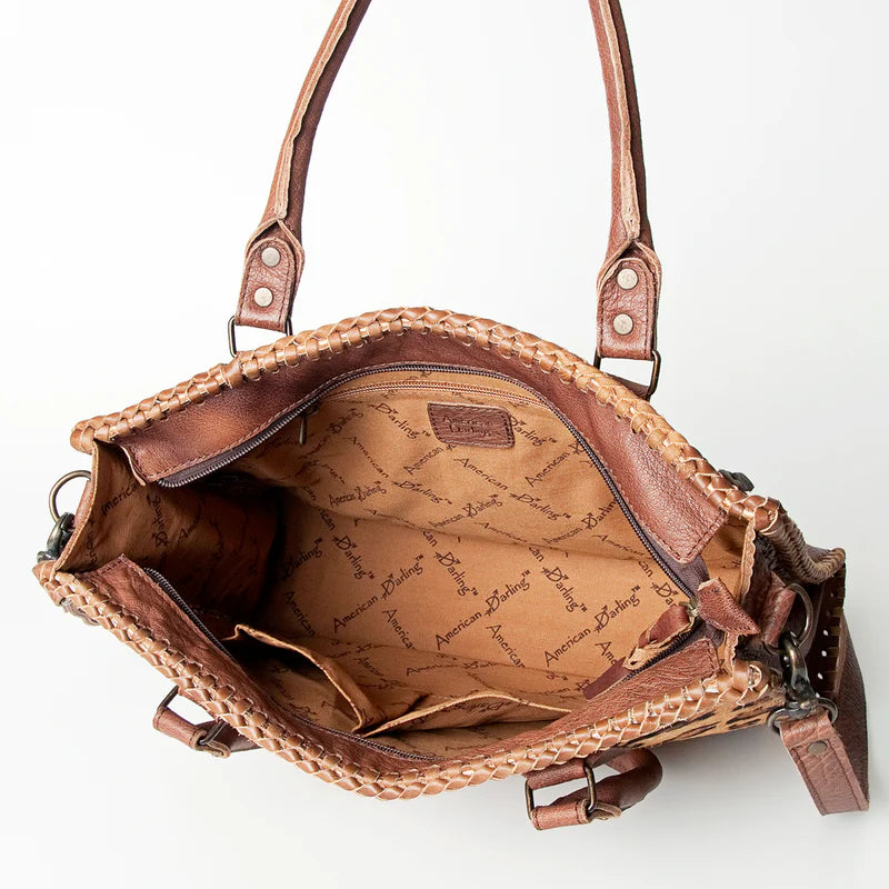 American Darling Western Tote Bag - Hair-On Leather with Whipstitch Trim & Detachable Strap