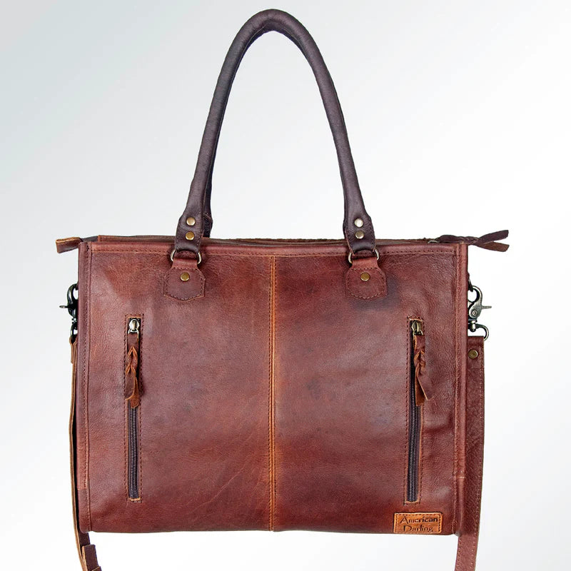 American Darling Printed Hair-On Hide Leather Tote with Brown Strap and Stitch Detailing