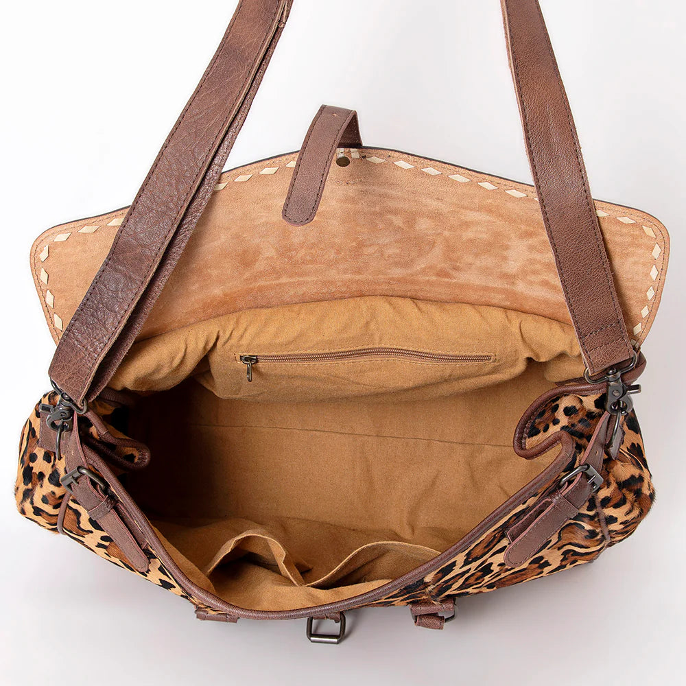 American Darling Leopard Print Cowhide and Tooled Leather Western Duffle Bag