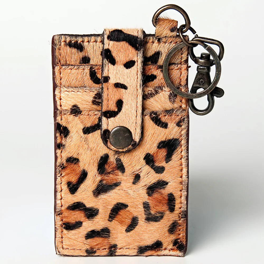 American Darling Leopard Print Cowhide Leather Keychain Cardholder Wallet - Snap & Clip