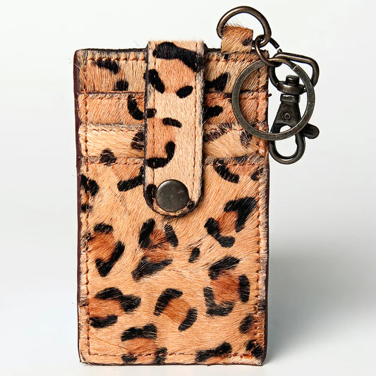 American Darling Leopard Print Cowhide Leather Keychain Cardholder Wallet - Snap & Clip