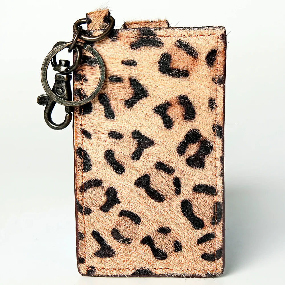 American Darling Leopard Print Cowhide Leather Keychain Cardholder Wallet - Snap & Clip