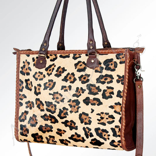 American Darling Printed Hair-On Hide Leather Tote with Brown Strap and Stitch Detailing