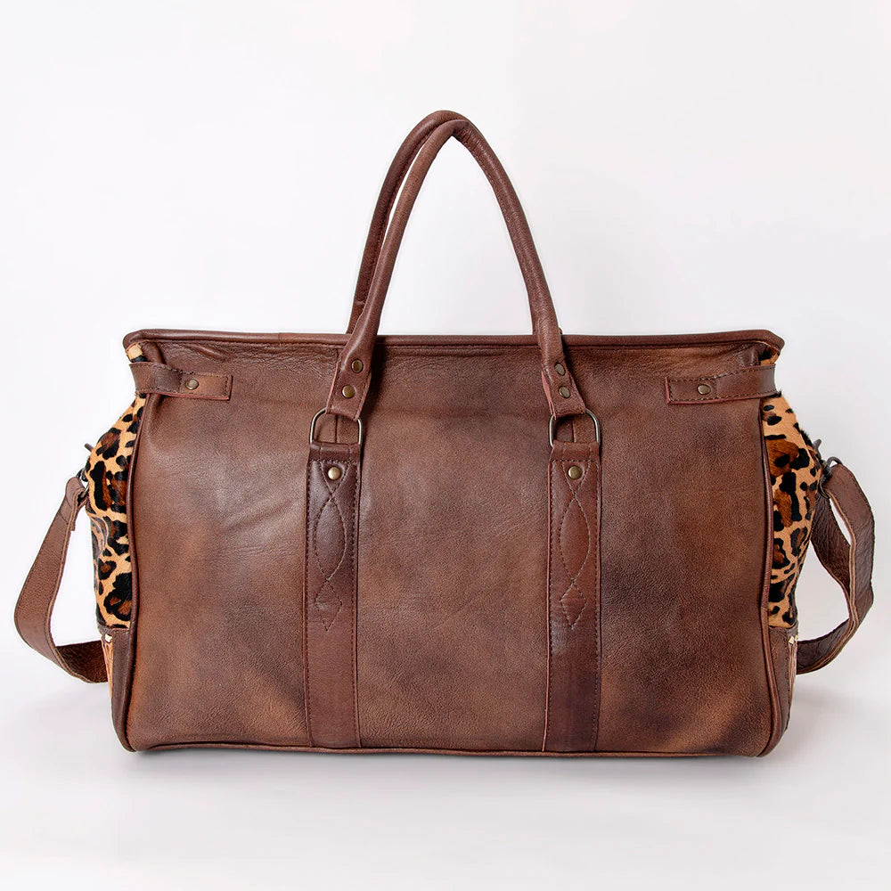 American Darling Leopard Print Cowhide and Tooled Leather Western Duffle Bag