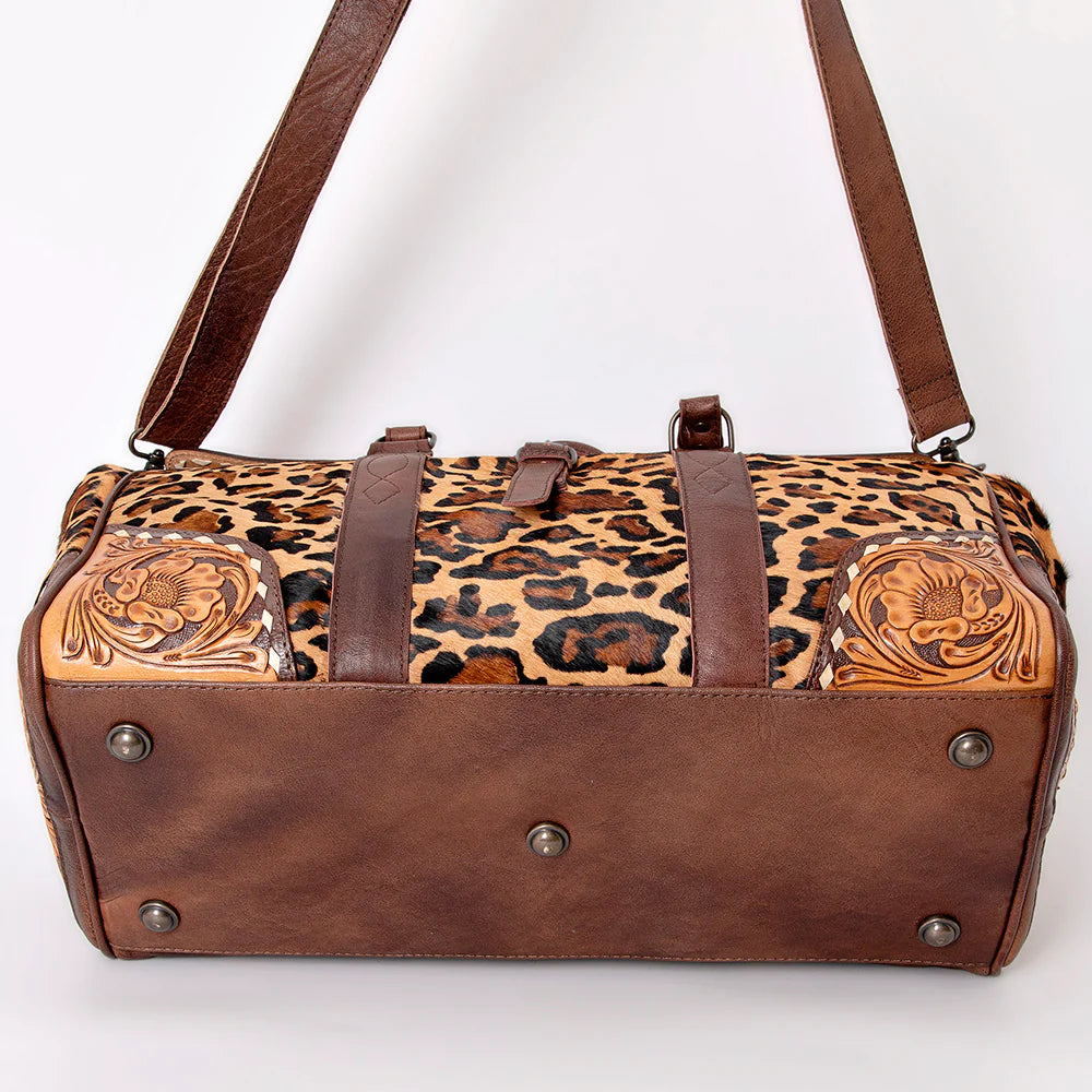 American Darling Leopard Print Cowhide and Tooled Leather Western Duffle Bag