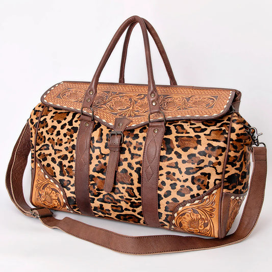 American Darling Leopard Print Cowhide and Tooled Leather Western Duffle Bag