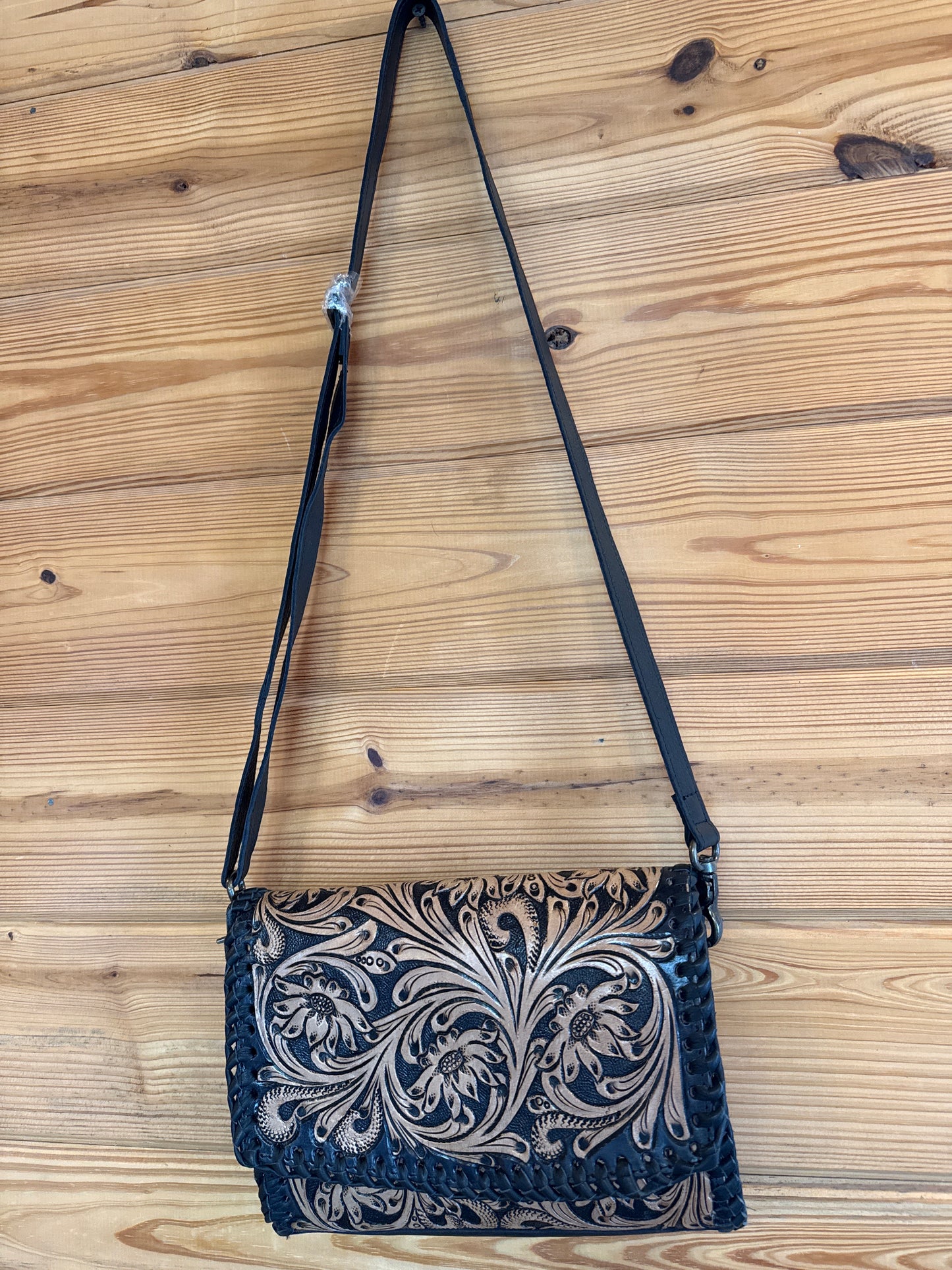 Black Tooled Leather Crossbody