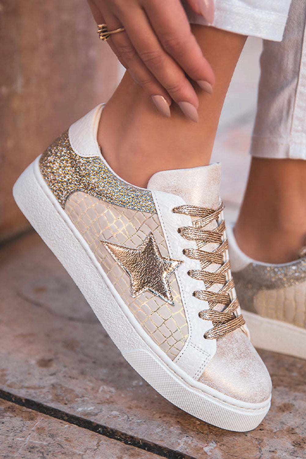 Ldc Glitter Star Patchwork Pu Leather Lace-Up Sneakers