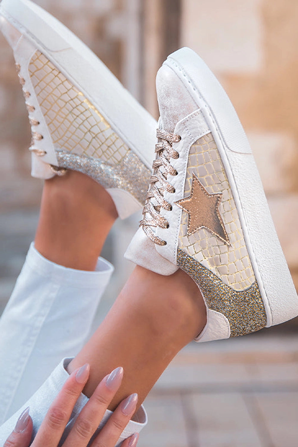 Ldc Glitter Star Patchwork Pu Leather Lace-Up Sneakers