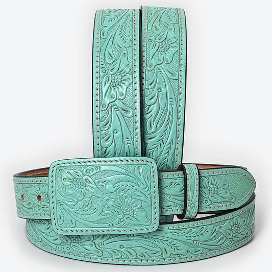Aqua Turquoise Hand-Tooled Leather Belt with Floral Design