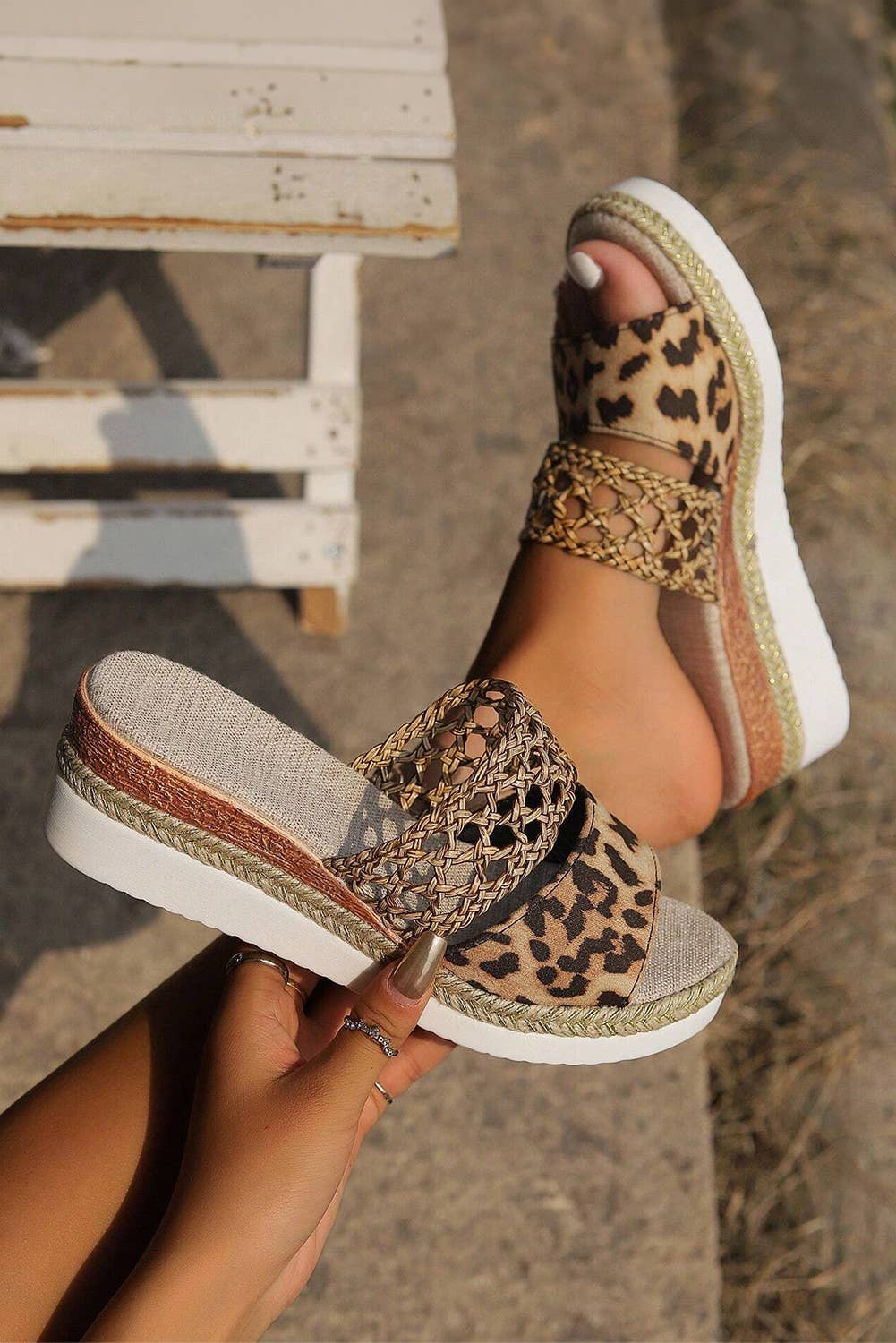 Western Leopard/ Floral Print Braided Details Wedge Slippers