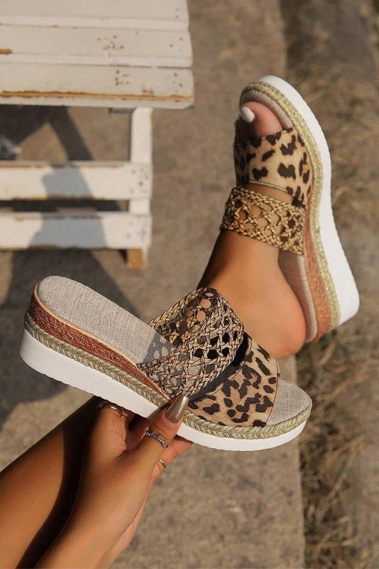 Western Leopard/ Floral Print Braided Details Wedge Slippers