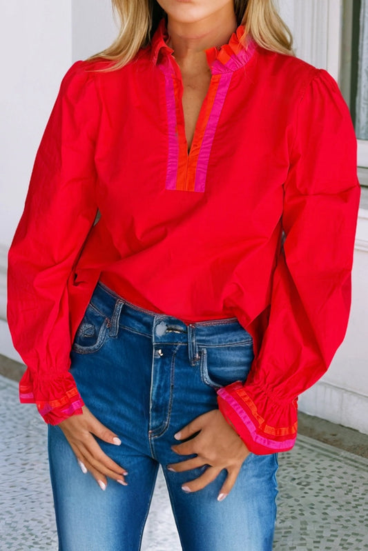 Ldc Striped Trim Ruffle Split Neck Long Sleeve Blouse