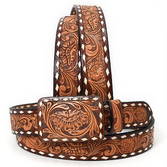 Handtooled Western Leather Belt - Classic Floral Scroll with Matching Buckle